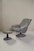 Vintage Space grauer Relaxsessel mit Hocker aus Samt und modernem Drehgestell in ergonomischem Design