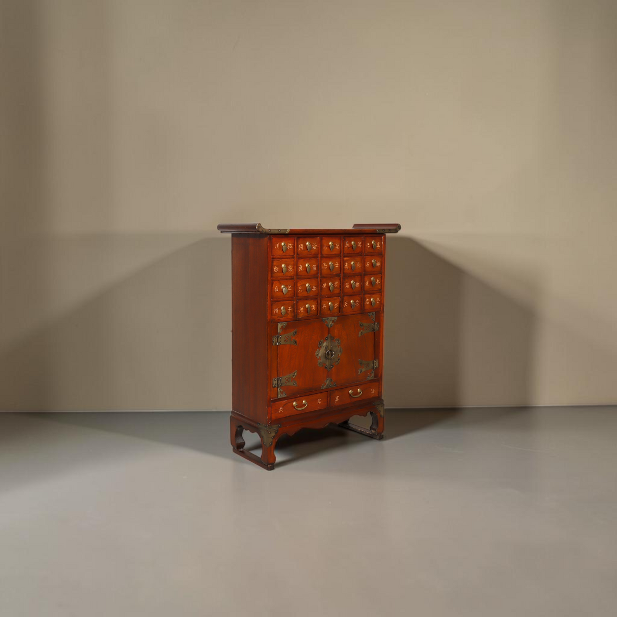 Vintage Space asiatische Apothekerkommode aus dunklem Holz mit vielen kleinen Schubladen und dekorativen Metallbeschlägen
