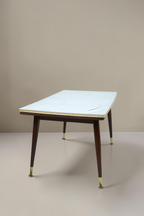 Vintage Space Mid Century Esstisch aus Holz mit höhenverstellbarer Platte, Messingdetails und konischen Beinen