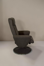 Vintage Space grauer Relaxsessel mit Hocker in ergonomischem Design und rundem Chrom-Drehgestell, Seitenansicht