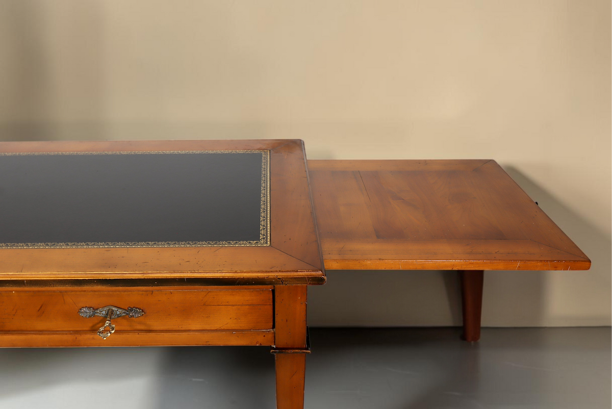 Vintage Space Louis XVI Schreibtisch aus Holz mit schwarzer Ledereinlage und seitlicher Ausziehplatte
