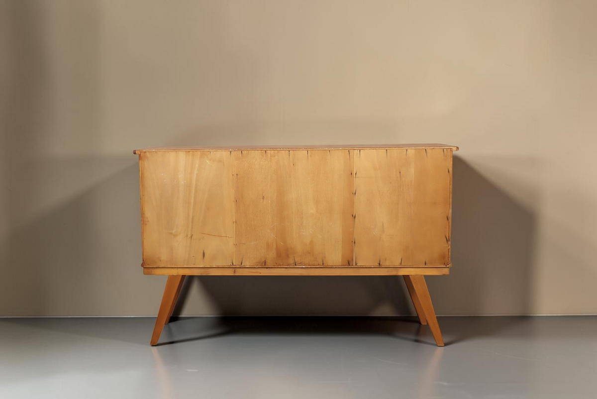 Vintage Space Mid Century Sideboard aus Holz mit schrägen Beinen, Rückansicht des Retro Highboards