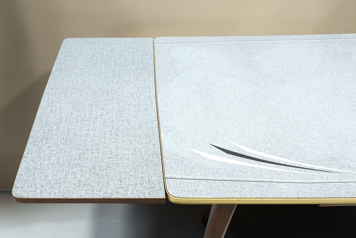 Vintage Space Mid Century Esstisch mit grauer strukturierter Oberfläche, ausziehbarer Platte und goldenem Rand