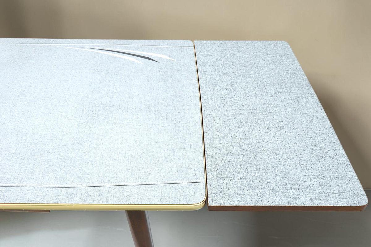 Vintage Space Mid Century Esstisch mit ausziehbarer grauer Tischplatte und elegantem Messingrand im Retro-Design