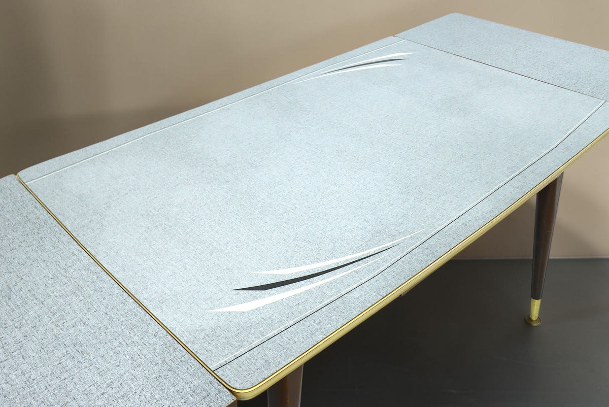 Vintage Space Mid Century Esstisch in Grau mit Messingdetails, höhenverstellbar und ausziehbar im 60er Jahre Design