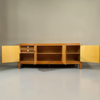 Vintage Space Mid Century Sideboard aus hellem Holz mit offenen Türen, Schubladen und schlanken Beinen