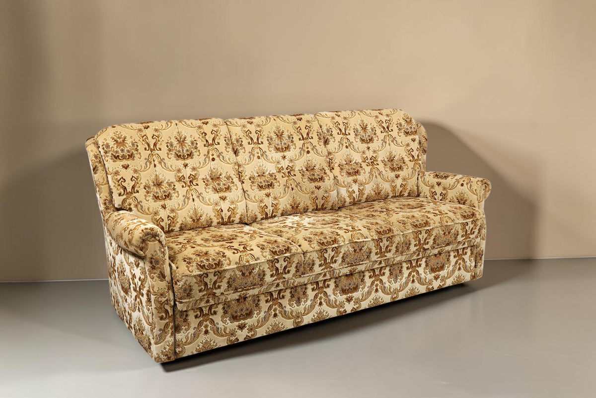 Vintage Space Chippendale 3-Sitzer Schlafsofa mit beigem ornamentalem Stoffbezug und geschwungenen Armlehnen