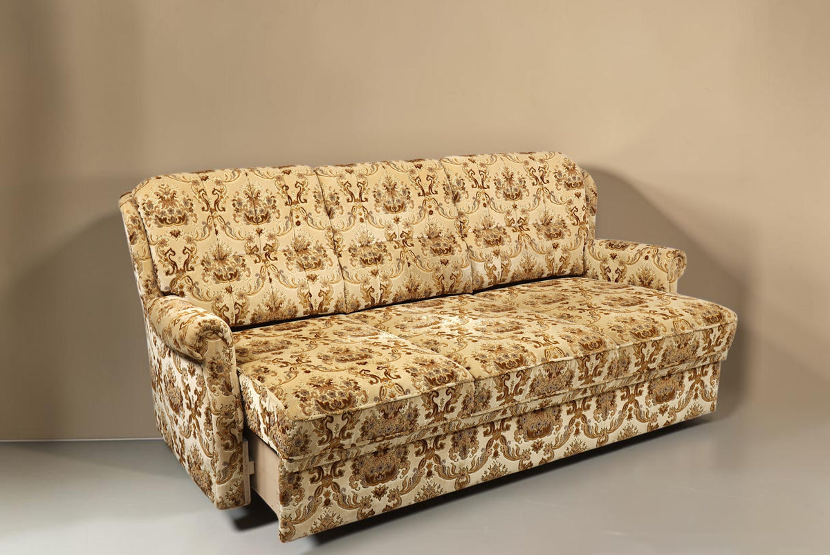 Vintage Space Chippendale 3-Sitzer Schlafsofa mit ornamentalem Stoffbezug und geschwungenen Armlehnen im Barock Stil