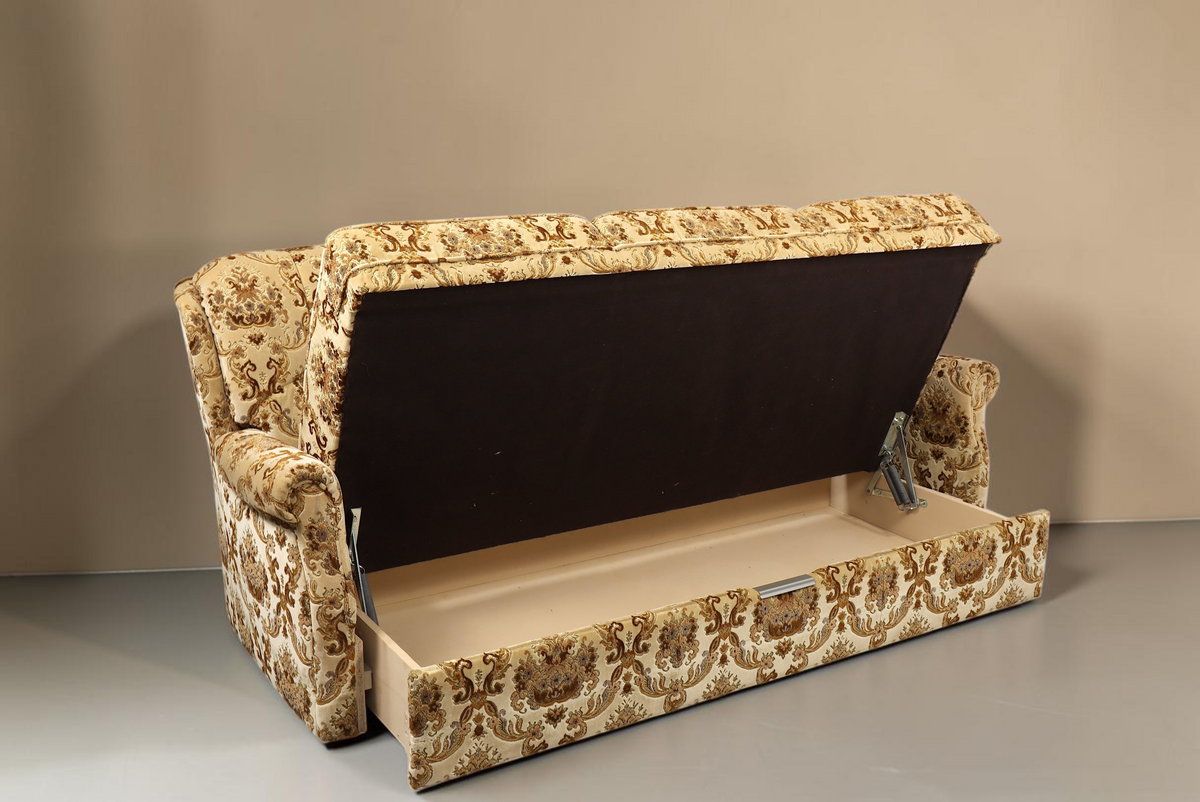Vintage Space Chippendale 3-Sitzer Schlafsofa mit ornamentalem Stoffbezug und offenem Stauraum unter der Sitzfläche