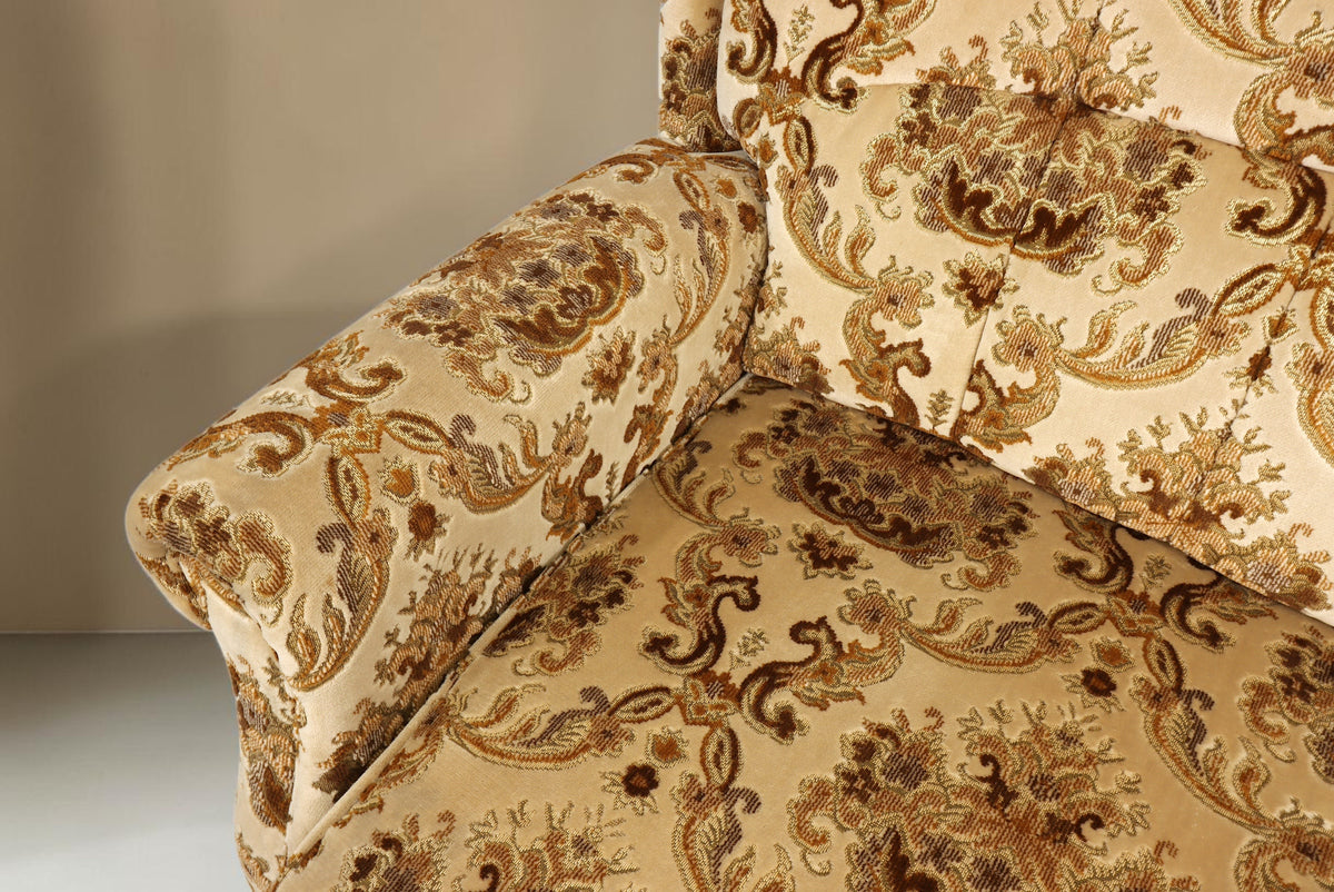 Vintage Space Chippendale 3-Sitzer Sofa mit ornamentalem Stoffbezug und geschwungenen Armlehnen im Barock Stil