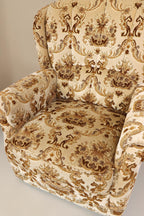 Vintage Space Chippendale Sessel mit beigem ornamentalem Stoffbezug und geschwungenen Armlehnen im Barock Stil