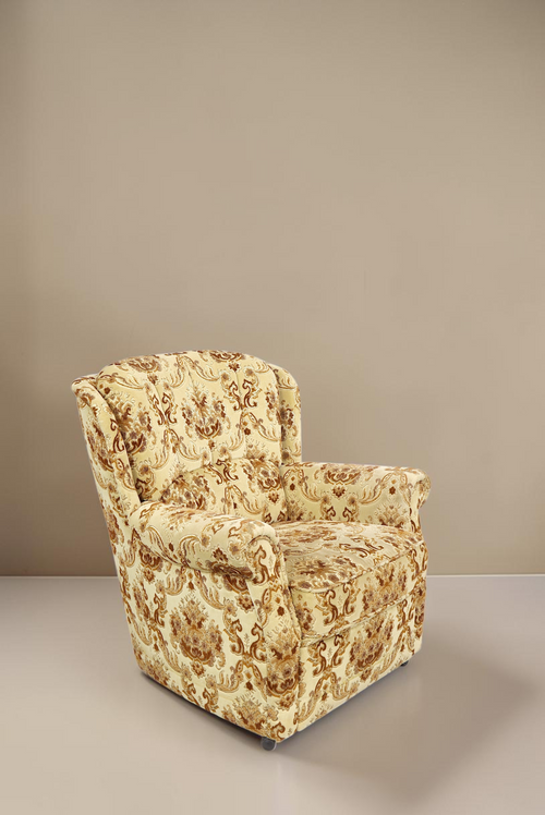 Vintage Space Chippendale Sessel mit beigem Stoffbezug und braunem Ornamentmuster im Barock Stil