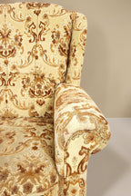 Vintage Space Chippendale Sessel mit beigem Stoffbezug und braunem Ornamentmuster im Barock Stil