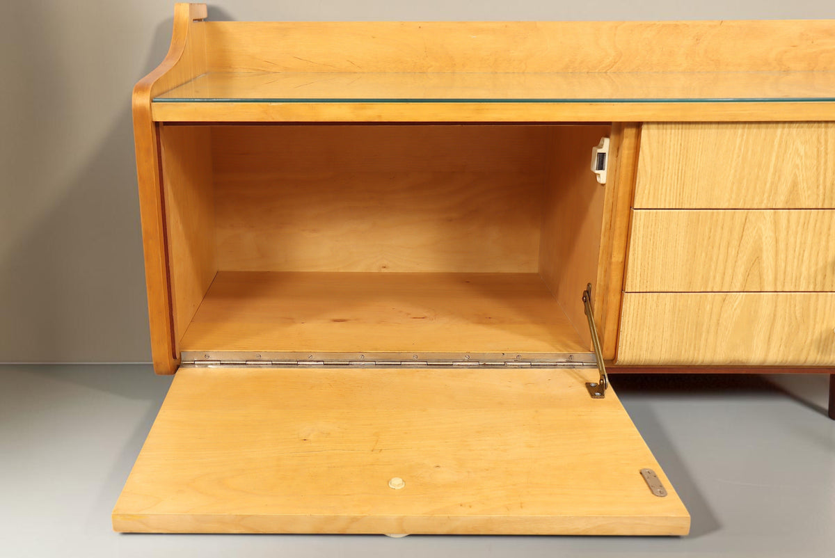 Vintage Space DDR Kommode Modell Rita aus Holz mit offenem Schrankfach, drei Schubladen und schützender Glasplatte