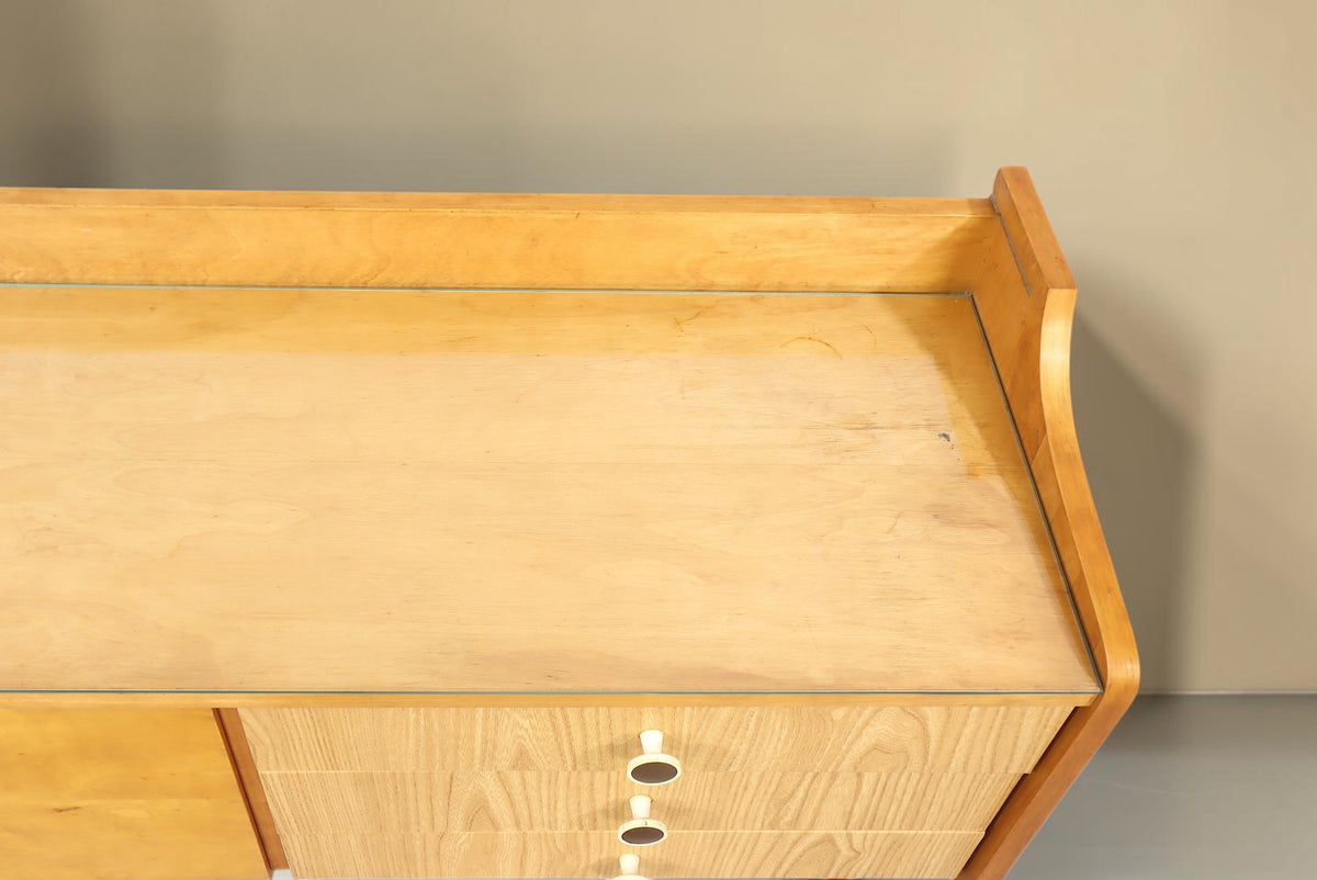 Vintage Space DDR Kommode Modell Rita mit heller Holzmaserung, drei Schubladen und schützender Glasplatte oben