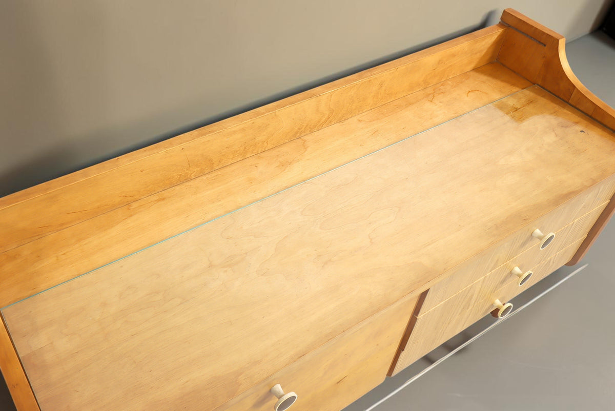 Vintage Space Mid Century DDR Kommode Modell Rita aus Holz mit Glasplatte und drei Schubladen in Draufsicht