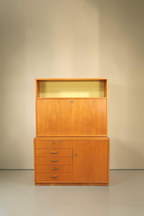 Vintage Space Hellerau Sekretär 605/1 aus Rüster Holz im Mid-Century Design mit aufklappbarer Schreibfläche
